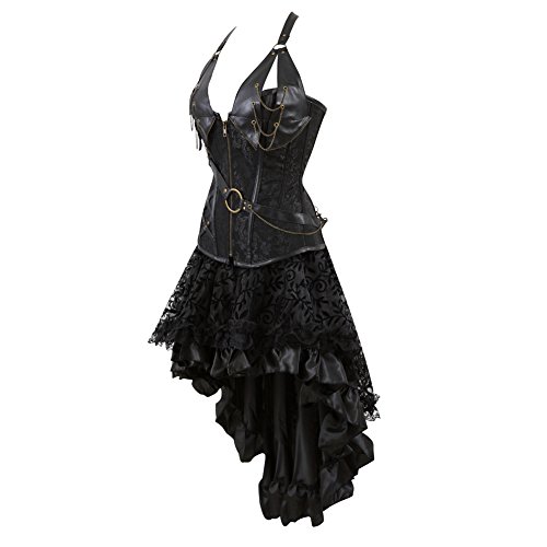 Grebrafan Steampunk Corsé Cuero Corset de Piel con Falda Conjunto Steampunk (EU(48-50) 6XL, Negro)