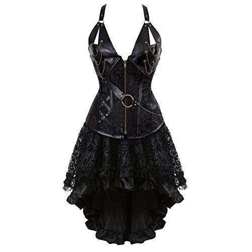 Grebrafan Steampunk Corsé Cuero Corset de Piel con Falda Conjunto Steampunk (EU(48-50) 6XL, Negro)