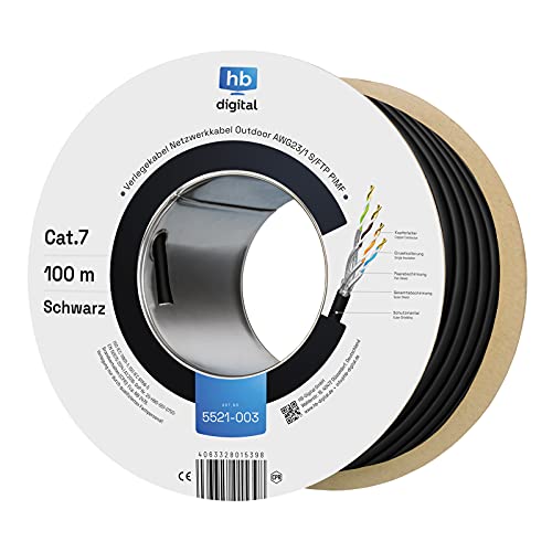 hb-digital Cable de instalación de 100 m, Cat 7, para exteriores, color negro, AWG23/1 PE S/FTP, doble apantallamiento, PIMF, cobre puro, 1000 MHz, 10 Gbits, Ethernet, cable de datos para exteriores