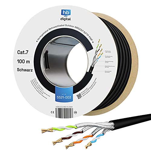 hb-digital Cable de instalación de 100 m, Cat 7, para exteriores, color negro, AWG23/1 PE S/FTP, doble apantallamiento, PIMF, cobre puro, 1000 MHz, 10 Gbits, Ethernet, cable de datos para exteriores