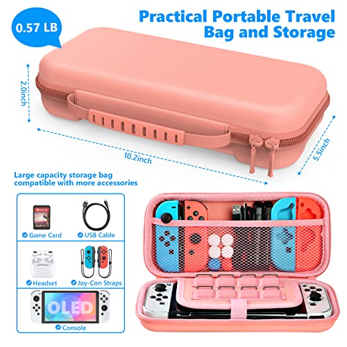 HEYSTOP Funda para Nintendo Switch OLED Accesorio Kits, Funda para Switch OLED Carcasa Funda de Transporte para Nintendo Switch OLED Model Protector de Pantalla Apretones de Pulgar, Rosa
