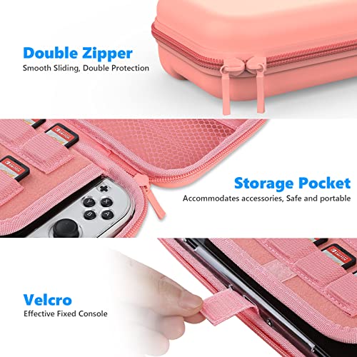 HEYSTOP Funda para Nintendo Switch OLED Accesorio Kits, Funda para Switch OLED Carcasa Funda de Transporte para Nintendo Switch OLED Model Protector de Pantalla Apretones de Pulgar, Rosa