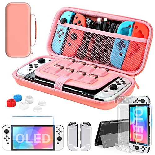 HEYSTOP Funda para Nintendo Switch OLED Accesorio Kits, Funda para Switch OLED Carcasa Funda de Transporte para Nintendo Switch OLED Model Protector de Pantalla Apretones de Pulgar, Rosa