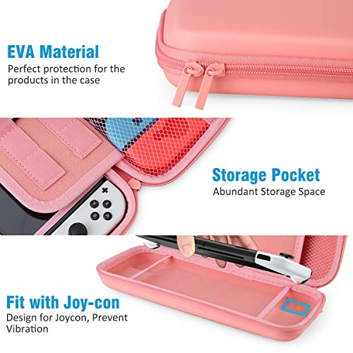 HEYSTOP Funda para Nintendo Switch OLED Modelo Accesorio Kits, Funda para Switch OLED Carcasa Funda de Transporte para Nintendo Switch OLED Protector de Pantalla Apretones de Pulgar, Rosa