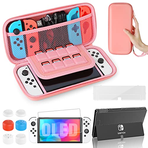 HEYSTOP Funda para Nintendo Switch OLED Modelo Accesorio Kits, Funda para Switch OLED Carcasa Funda de Transporte para Nintendo Switch OLED Protector de Pantalla Apretones de Pulgar, Rosa