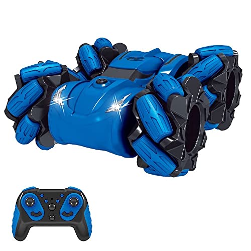 High-Speed Drift 4WD Stunt Remote Control Car Dual Battery/All Terrain RC Vehicle 45° Side Walk with Light RC Truck Boys and Girls Party Toys RC Crawlers (Blue)