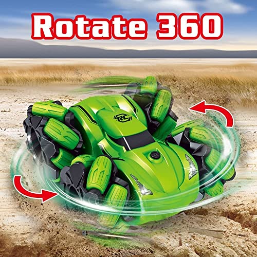 High-Speed Drift 4WD Stunt Remote Control Car Dual Battery/All Terrain RC Vehicle 45° Side Walk with Light RC Truck Boys and Girls Party Toys RC Crawlers (Green)