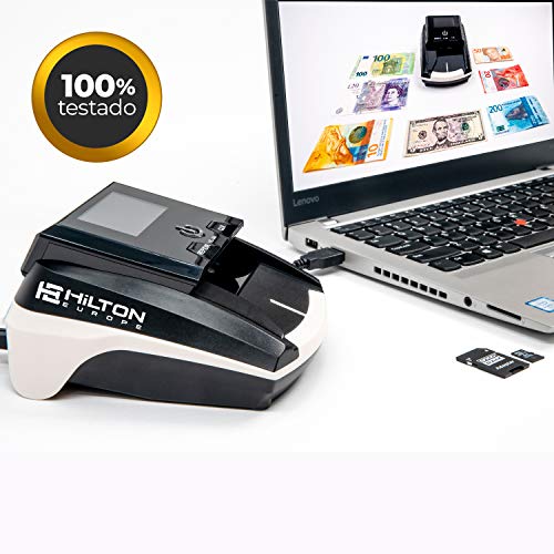HILTON EUROPE HE360 - Detector Billetes Falsos Multidivisa Especialmente válido para Dolar USA y resto de divisas, EURO, GBP, etc.- 7 Sistemas de Detección - 100% Fiable testado Banco Central Europeo
