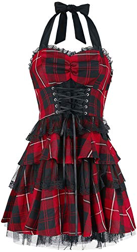 H&R London Red Tartan Gothic Mujer Vestido Corto Negro/Rojo XL, 63% Poliester,33% Viscosa, 4% Elastán,