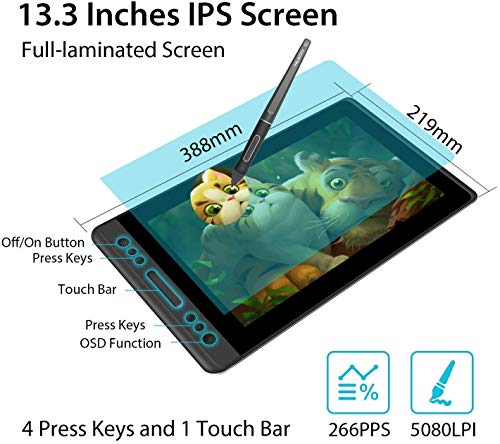 HUION Kamvas Pro 13 Tableta Gráfica con Pantalla, 120% sRGB, Monitor de Dibujo Laminado Completo, Pantalla de Lápiz Full HD de 13,3 Pulgadas y Lápiz Digital Preciso para Diseño Digital, con Soporte