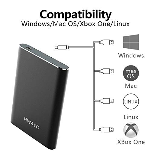 HWAYO Disco duro externo portátil de 500 GB, USB3.1 Gen 1 tipo C Ultra Slim 2.5 '' HDD Storage Compatible para PC, escritorio, portátil, Mac, Xbox One (negro)