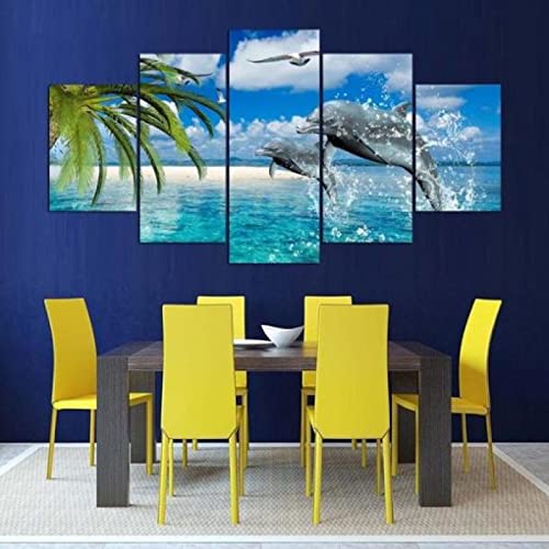 Impresiones en lienzo 5 piezas de lienzo de arte de pared Cuadro de lienzo Delfines y playa de arena blanca 5 piezas estirado y enmarcado Imagen de lienzo en alta definición