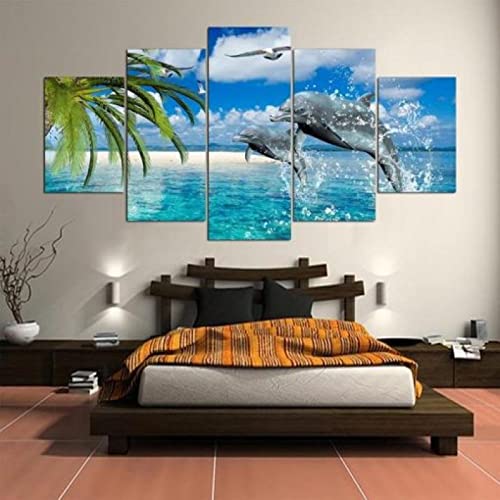 Impresiones en lienzo 5 piezas de lienzo de arte de pared Cuadro de lienzo Delfines y playa de arena blanca 5 piezas estirado y enmarcado Imagen de lienzo en alta definición