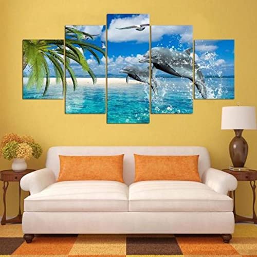 Impresiones en lienzo 5 piezas de lienzo de arte de pared Cuadro de lienzo Delfines y playa de arena blanca 5 piezas estirado y enmarcado Imagen de lienzo en alta definición