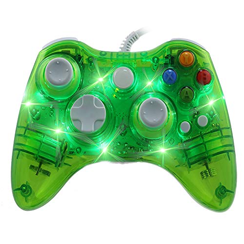 INSN Wired Joystick Controller Gamepad con Vibración Dual, para Microsoft Xbox 360 Consola Y PC Windows7 / 8/10 - Shell Transparente + Key Mejora + Modo De Tres Deslumbramiento LED,Verde