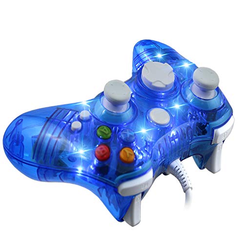 INSN Wired Joystick Controller Gamepad con Vibración Dual, para Microsoft Xbox 360 Consola Y PC Windows7 / 8/10 - Shell Transparente + Key Mejora + Modo De Tres Deslumbramiento LED,Azul