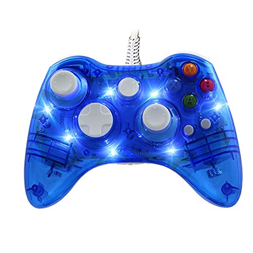 INSN Wired Joystick Controller Gamepad con Vibración Dual, para Microsoft Xbox 360 Consola Y PC Windows7 / 8/10 - Shell Transparente + Key Mejora + Modo De Tres Deslumbramiento LED,Azul