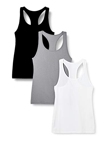 Iris & Lilly Camiseta de Tirantes de Algodón Mujer, Pack de 3, Multicolor (negro/blanco/gris)., L, Label: L