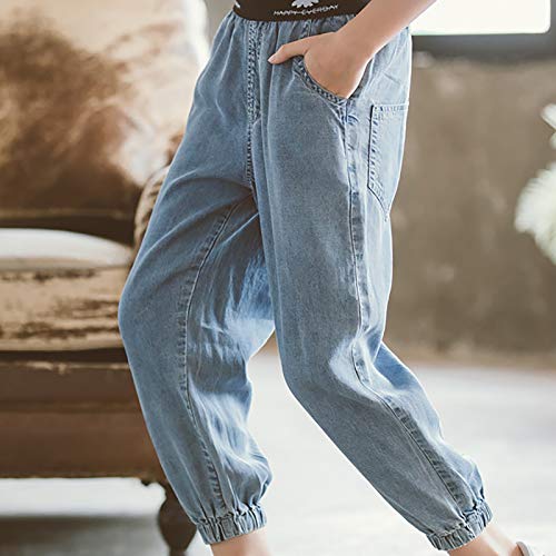 JEATHA Pantalones Bombachos de Mezclilla con Estampado Floral para Niños, Jeans Holgados Informales para Adolescentes, Vaqueros de Moda Azul 5-6 Years