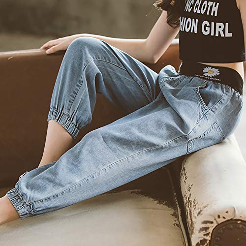 JEATHA Pantalones Bombachos de Mezclilla con Estampado Floral para Niños, Jeans Holgados Informales para Adolescentes, Vaqueros de Moda Azul 5-6 Years