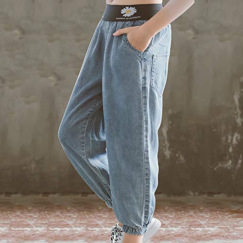 JEATHA Pantalones Bombachos de Mezclilla con Estampado Floral para Niños, Jeans Holgados Informales para Adolescentes, Vaqueros de Moda Azul 5-6 Years
