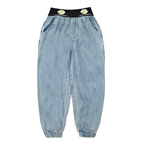 JEATHA Pantalones Bombachos de Mezclilla con Estampado Floral para Niños, Jeans Holgados Informales para Adolescentes, Vaqueros de Moda Azul 5-6 Years