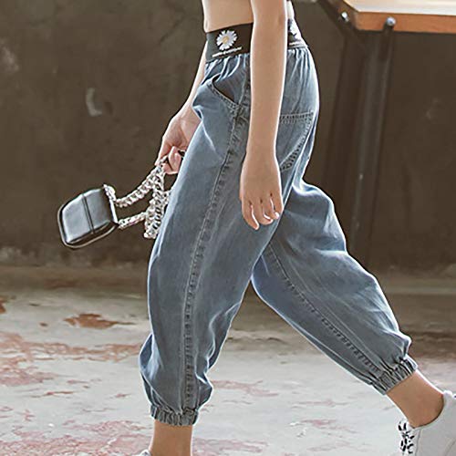 JEATHA Pantalones Bombachos de Mezclilla con Estampado Floral para Niños, Jeans Holgados Informales para Adolescentes, Vaqueros de Moda Azul 5-6 Years