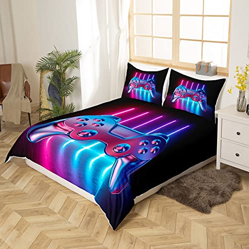 Juego de funda de edredón y funda de color azul y lila, juego de luces para niños, adolescentes, niños, videojuegos impresos, funda de edredón, diseño moderno, 135 x 200 cm