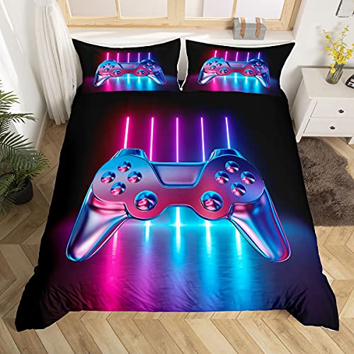 Juego de funda de edredón y funda de color azul y lila, juego de luces para niños, adolescentes, niños, videojuegos impresos, funda de edredón, diseño moderno, 135 x 200 cm
