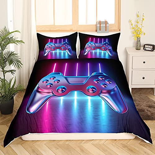 Juego de funda de edredón y funda de color azul y lila, juego de luces para niños, adolescentes, niños, videojuegos impresos, funda de edredón, diseño moderno, 135 x 200 cm