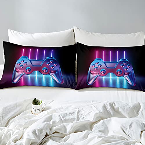 Juego de funda de edredón y funda de color azul y lila, juego de luces para niños, adolescentes, niños, videojuegos impresos, funda de edredón, diseño moderno, 135 x 200 cm