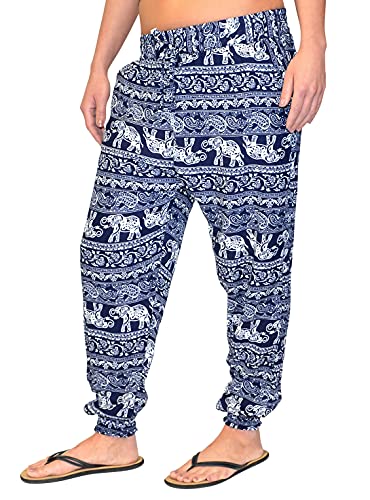Just -Key Pantalones tipo sarouel para mujer, diseño de elefante, harén, pantalones bombachos, pantalones de yoga azul S-M