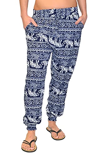 Just -Key Pantalones tipo sarouel para mujer, diseño de elefante, harén, pantalones bombachos, pantalones de yoga azul S-M