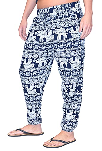 Just -Key Pantalones tipo sarouel para mujer, diseño de elefante, pantalones de yoga, pantalones de harén, azul oscuro, L-XL