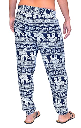 Just -Key Pantalones tipo sarouel para mujer, diseño de elefante, pantalones de yoga, pantalones de harén, azul oscuro, L-XL