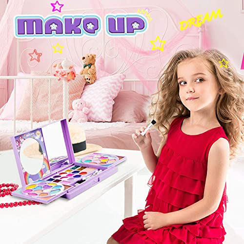 KIDCHEER 47 Kit Maquillaje Niña, Juguete de Maquillaje Lavable Cosmético Real con Pinceles, Espejos y Pegatinas de Gemas para Regalos de Cumpleaños de Niños de 3 4 5 6 7 8 9 10 Años