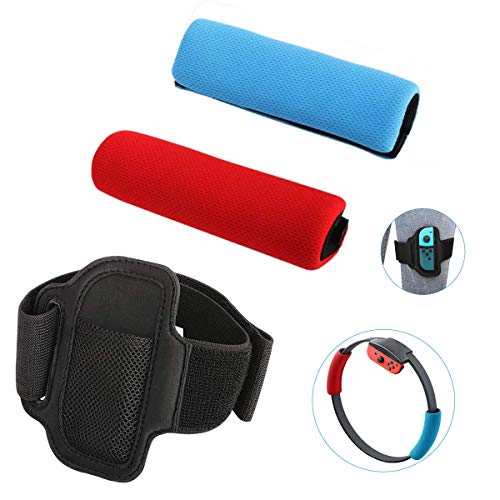 KONEE Accesorios Compatible con Nintendo Switch Ring Fit Adventure, Incluye 2 Cubiertas de Agarre Suave (Rojo + Azul), 1 Correa de Pierna Ajustable (No incluye Juegos, Joy-con y Ring-Con)