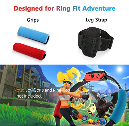 KONEE Accesorios Compatible con Nintendo Switch Ring Fit Adventure, Incluye 2 Cubiertas de Agarre Suave (Rojo + Azul), 1 Correa de Pierna Ajustable (No incluye Juegos, Joy-con y Ring-Con)