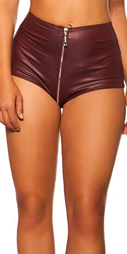 Koucla Pantalones cortos Gogo para mujer, aspecto mojado, con cremallera de 2 vías burdeos S