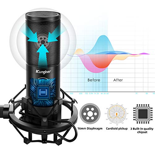 Kungber Micrófono USB para PC, 5 Modos de Luz RGB, Micrófono de Condensador Kit para PS4, Ordenador y Mac, Grandes Stand Q18