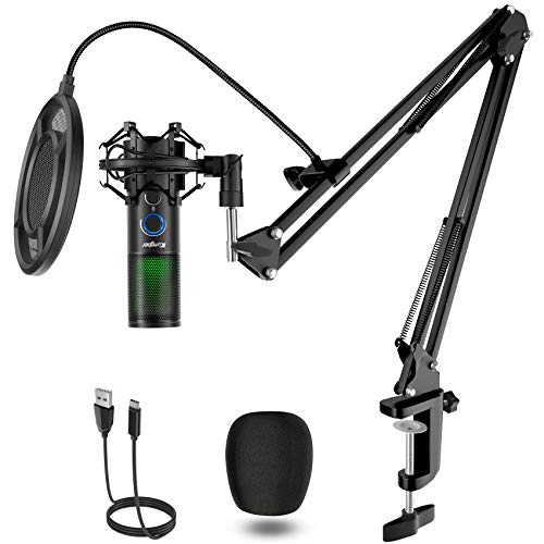 Kungber Micrófono USB para PC, 5 Modos de Luz RGB, Micrófono de Condensador Kit para PS4, Ordenador y Mac, Grandes Stand Q18