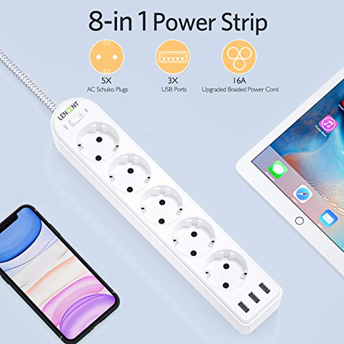 LENCENT Regleta Enchufes de 5 Tomas Corrientes y 3 USB 4000W, Regleta Multiples con Interruptor,Surge Strip con Protección contra Sobrecargas,Montaje en Pared con Cable 3M Cualquier Entorno