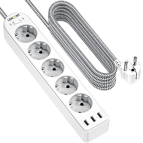 LENCENT Regleta Enchufes de 5 Tomas Corrientes y 3 USB 4000W, Regleta Multiples con Interruptor,Surge Strip con Protección contra Sobrecargas,Montaje en Pared con Cable 3M Cualquier Entorno
