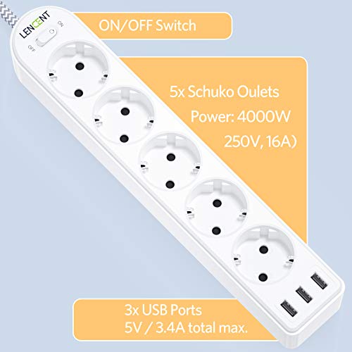 LENCENT Regleta Enchufes de 5 Tomas Corrientes y 3 USB 4000W,Regleta Base Multiple con Interruptor,Surge Strip con Protección contra Sobrecargas,Montaje en Pared con Cable 2M Cualquier Entorno