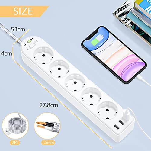 LENCENT Regleta Enchufes de 5 Tomas Corrientes y 3 USB 4000W,Regleta Base Multiple con Interruptor,Surge Strip con Protección contra Sobrecargas,Montaje en Pared con Cable 2M Cualquier Entorno
