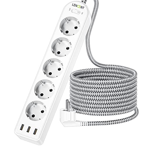 LENCENT Regleta Enchufes de 5 Tomas Corrientes y 3 USB 4000W,Regleta Base Multiple con Interruptor,Surge Strip con Protección contra Sobrecargas,Montaje en Pared con Cable 2M Cualquier Entorno