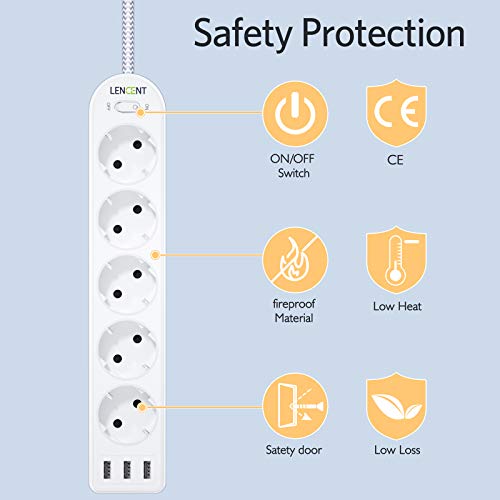 LENCENT Regleta Enchufes de 5 Tomas Corrientes y 3 USB 4000W,Regleta Base Multiple con Interruptor,Surge Strip con Protección contra Sobrecargas,Montaje en Pared con Cable 2M Cualquier Entorno
