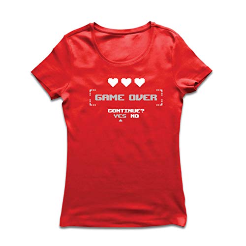 lepni.me Camiseta Mujer Game Over Continue? Yes No Funny Video Gamer Outfit (Small Rojo Multicolor)