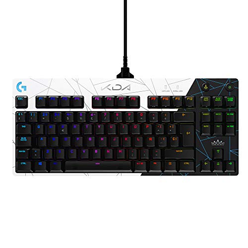 Logitech G PRO K/DA Teclado Gaming Mecánico sin teclado numérico, GX-Táctil marrón, RGB LIGHTSYNC, Cable Micro USB Desmontable, Equipo oficial League of Legends, Disposición QWERTY US - Negro/Blanco