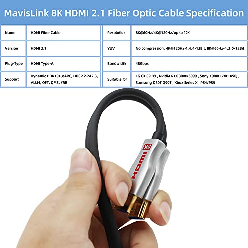 LYW - Cable de fibra óptica HDMI 2.1 8K 10M 48Gbps 8K 60Hz 4K 120Hz Dynamic HDR/eARC/HDCP 2.2 Delgado Flexible Adecuado para RTX 3080 3090 Xbox Series X PS5 LG C9 Samsung Q90T TCL Sony